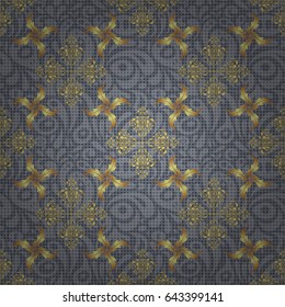 Geometric repeating vector ornament with golden elements. Seamless abstract modern pattern on a gray backdrop. Gray and golden seamless pattern.