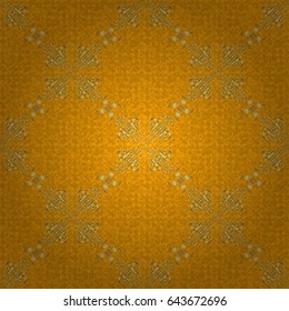 Geometric repeating vector ornament with golden elements. Seamless abstract modern pattern on a yellow backdrop. Yellow and golden seamless pattern.