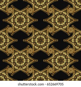 Geometric repeating vector ornament with golden elements. Seamless abstract modern pattern on a black backdrop. Black and golden seamless pattern.