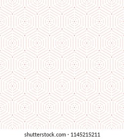 Geometric repeating vector ornament with hexagonal dotted elements. Geometric modern pink ornament. Seamless abstract modern pattern
