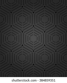 Geometric repeating vector ornament with hexagonal dotted elements. Seamless abstract modern dark pattern