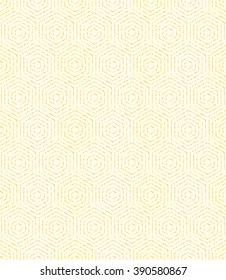 Geometric repeating vector ornament with hexagonal dotted golden elements. Seamless abstract modern pattern
