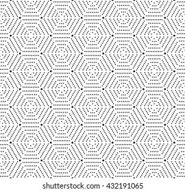 Geometric repeating vector ornament with hexagonal dotted elements. Seamless abstract modern pattern. Black and white pattern