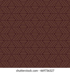 Geometric repeating vector ornament with hexagonal dotted elements. Seamless abstract modern pattern. Brown and golden pattern