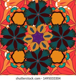 Geometric repeating vector ornament with orange, blue and red elements. Seamless abstract modern multicolored pattern.