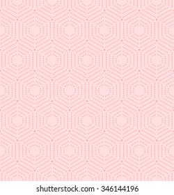Geometric repeating vector ornament with pink dotted hexagons. Seamless abstract modern pattern