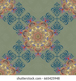 Geometric repeating vector ornament with pink, yellow and blue elements. Seamless abstract modern multicolored pattern.