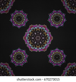 Geometric repeating vector ornament with pink and beige elements. Seamless abstract modern pattern on a black backdrop.