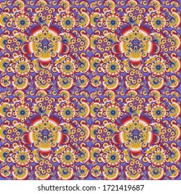 Geometric repeating vector ornament with violet, yellow and beige elements. Seamless abstract modern multicolored pattern.