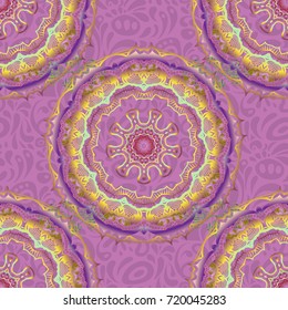 Geometric repeating vector ornament with violet, yellow and purple elements. Seamless abstract modern multicolored pattern.