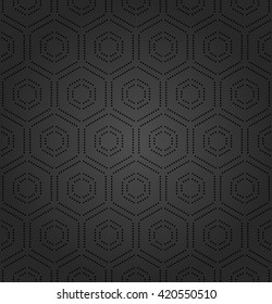 Geometric repeating vector pattern with hexagonal dotted elements. Seamless abstract modern dark pattern