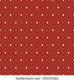 Geometric repeating vector red ornament with diagonal golden dots. Seamless abstract modern texture for wallpapers and backgrounds