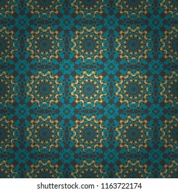 Geometric repeating wallpaper. Abstract holographic seamless pattern in red, blue and orange colors. Vibrant style pattern. Mandalas on the background.