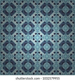 Geometric repeating wallpaper. Mandalas on the background. Vibrant style pattern. Vector abstract holographic seamless pattern in blue, neutral and gray colors.