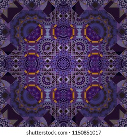 Geometric repeating wallpaper. Vibrant style pattern. Mandalas on the background. Vector abstract holographic seamless pattern in gray, violet and purple colors.