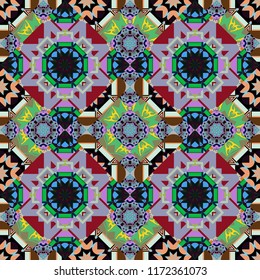 Geometric repeating wallpaper. Vibrant style pattern. Mandalas on the background. Vector abstract holographic seamless pattern in black, blue and green colors.
