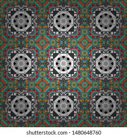 Geometric repeating wallpaper. Vibrant style pattern. Mandalas on the background. Vector abstract holographic seamless pattern in green, gray and blue colors.