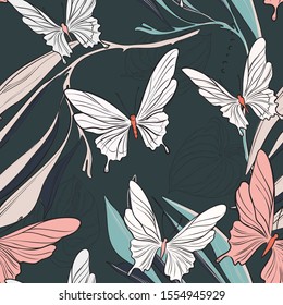 Geometric repetiotion butterfly pattern on dark wallpaper. Spring machaon and plants background. Seamless surface insect nature art