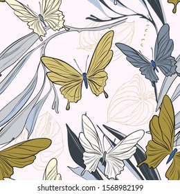 Geometric repetiotion butterfly pattern. Spring machaon and plants background. Seamless surface insect nature art
