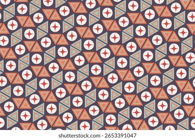 Ilustração do plano de fundo de repetição geométrica consistindo em triângulos, círculos e estrelas com cores vibrantes
