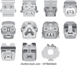 geometric representation of the monumental olmec heads sculptures and a fish in grayscale.