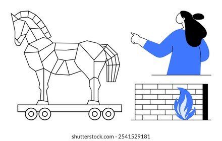 Representación geométrica de un caballo de Troya sobre ruedas, una mujer apuntando, y una pared de ladrillo con fuego. Ideal para temas históricos, mitología, metáforas de ciberseguridad, cuentos de advertencia, educativos