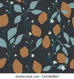 Geometric rero seamless pattern with lemons and flowers