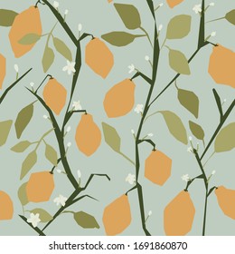 Geometric rero seamless pattern with lemons and flowers