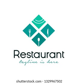 geometric restaurant logo design vector illustration with plate, spoon, fork and knife icon. Cafe logo 