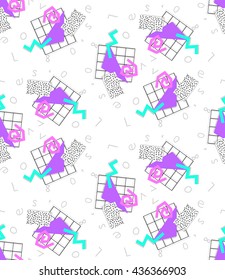 Geometric retro 80`s and webpunk style seamless pattern, abstract colorful shapes on a white background, print for fabric, wallpaper, curtains, posters