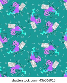 Geometric retro 80`s and webpunk style seamless pattern, abstract colorful shapes on a teal background, print for fabric, wallpaper, curtains, posters
