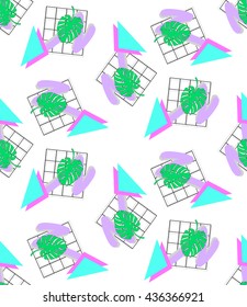 Geometric retro 80`s and webpunk style seamless pattern, tropical palm leaves monstera and abstract shapes on a white background, print for fabric, wallpaper, curtains, posters