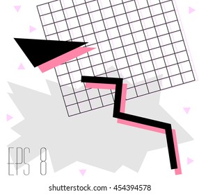 Geometric retro 80`s and webpunk style, abstract colorful shapes on a white background. Pattern for poster, card, calendar. Corporate design, advertising, web layouts. EPS 8 vector.