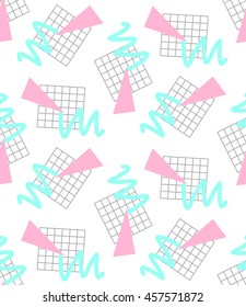 Geometric retro 80`s and webpunk style seamless pattern, abstract colorful shapes on a white background, print for fabric, wallpaper, curtains, posters