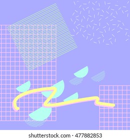 Geometric retro 80`s and webpunk style, abstract colorful shapes on a lilac background. Pattern for poster, card, calendar. Corporate design, advertising, web layouts. EPS 8 vector.