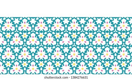 Geometric retro abstract daisy flowers seamless border pattern. All over print vector background. Pretty summer garden 1950s fashion style. Trendy vintage home decor. Vintage hand drawn ribbon trim.