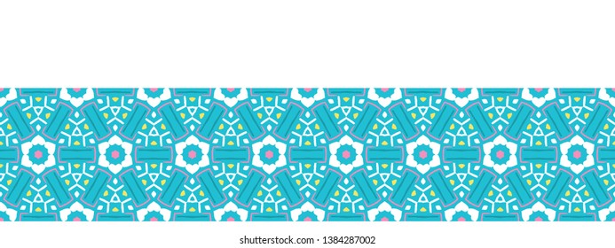 Geometric retro abstract daisy flowers seamless border pattern. All over print vector background. Pretty summer garden 1950s fashion style. Trendy vintage home decor. Vintage hand drawn ribbon trim