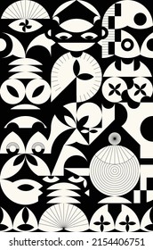 Fondo retro geométrico con una forma simple primaria en blanco y negro. Composición sin fisuras del monocromo mosaico. Collage de formas planas minimalistas abstractas. Estilo Bauhaus, pancarta, portada, afiche. Vector 