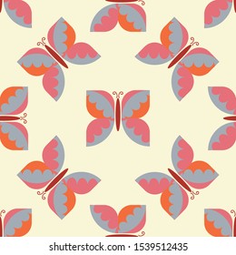 Geometric retro blue butterfly vector pattern design. Abstract orange insect for Textile Fabric. Nature wildlife vintage swatch. 