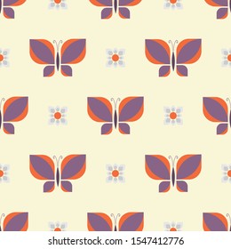 Geometric retro butterfly vector pattern design. Abstract pink insect for Textile Fabric. Nature wildlife vintage swatch. Simple daisy flower.