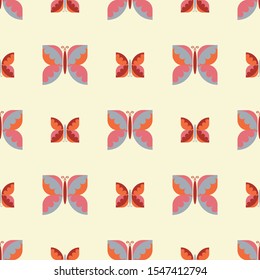 Geometric retro butterfly vector pattern design. Abstract orange and purple insect for Textile Fabric. Nature wildlife vintage swatch. Small bug.