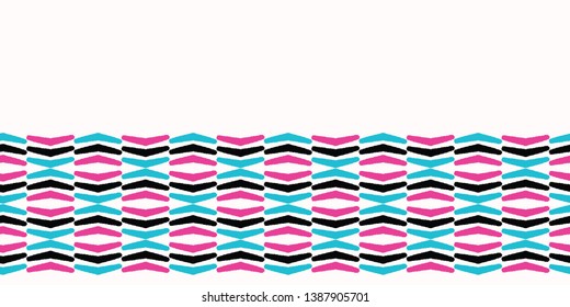Geometric retro chevron shape seamless border pattern. Vector ribbon trim background. Summer 1950s style horizontal stripe. Trendy ethnic wallpaper, vintage home decor. Drawn african textile edging