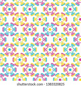Geometric retro circle mosaic shapes seamless pattern. All over print vector background. Summer 1950s damask tile fashion style. Trendy wallpaper, vintage home decor. Vintage hand drawn textile fabric