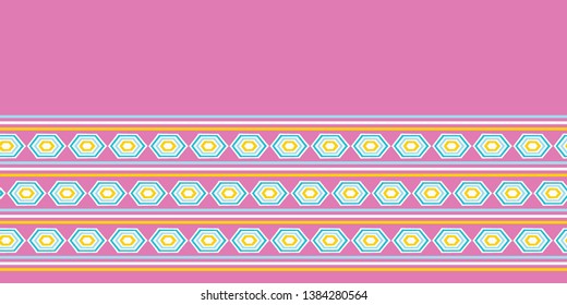 Geometric retro diamond shape seamless border pattern. Vector ribbon banner background. Summer 1950s vertical stripes fashion style. Trendy boho fun geo home decor. Drawn vintage graphic textile trim.