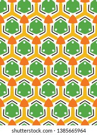 Geometric retro dot shapes seamless pattern. All over print vector background. Summer hexagon geo fashion style. Trendy kids wallpaper, vintage home decor. Hand drawn fun textile fabric. Orange, green