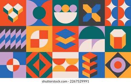 Kompositionsbilder für geometrische, flache Formen - trendisches Hintergrunddesign in hellorangen, blauen, violetten und gelben Farben, Vektorgrafik