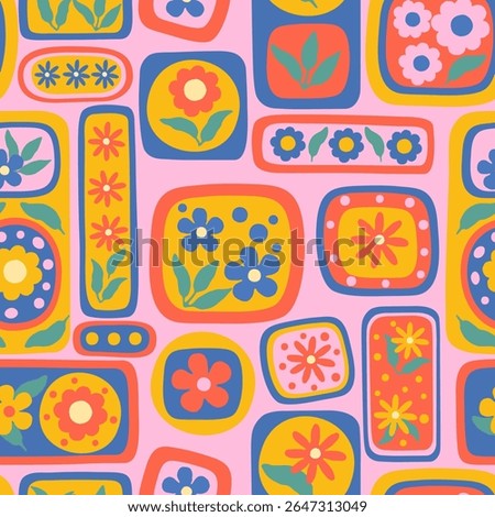 Geometric retro flower pattern on pink background.