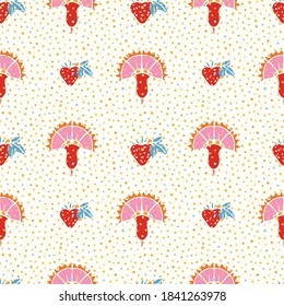 Geometric retro folk art dotted strawberry pattern. Vector vintage, linocut, hand drawn, floral design with berry and flower head. Colourful stylized design on cream colored background. Cute dotted