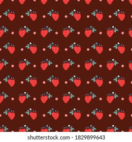 Geometric retro folk art strawberry pattern. Vector vintage sweet berry in alignment. Colourful 60s stylized florals, stripes on brown background. Cute, fun background. Perfect for stationery, print