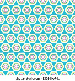 Geometric retro hexagon shape seamless pattern. All over print vector background. Summer 1950s quilt tile fashion style. Trendy honeycomb wallpaper, vintage home decor. Drawn graphic textile fabric